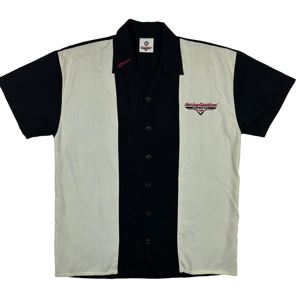 Harley Davidson Cafe New York Bowling Vtg Shirt Mens L Black Cream Embroidered